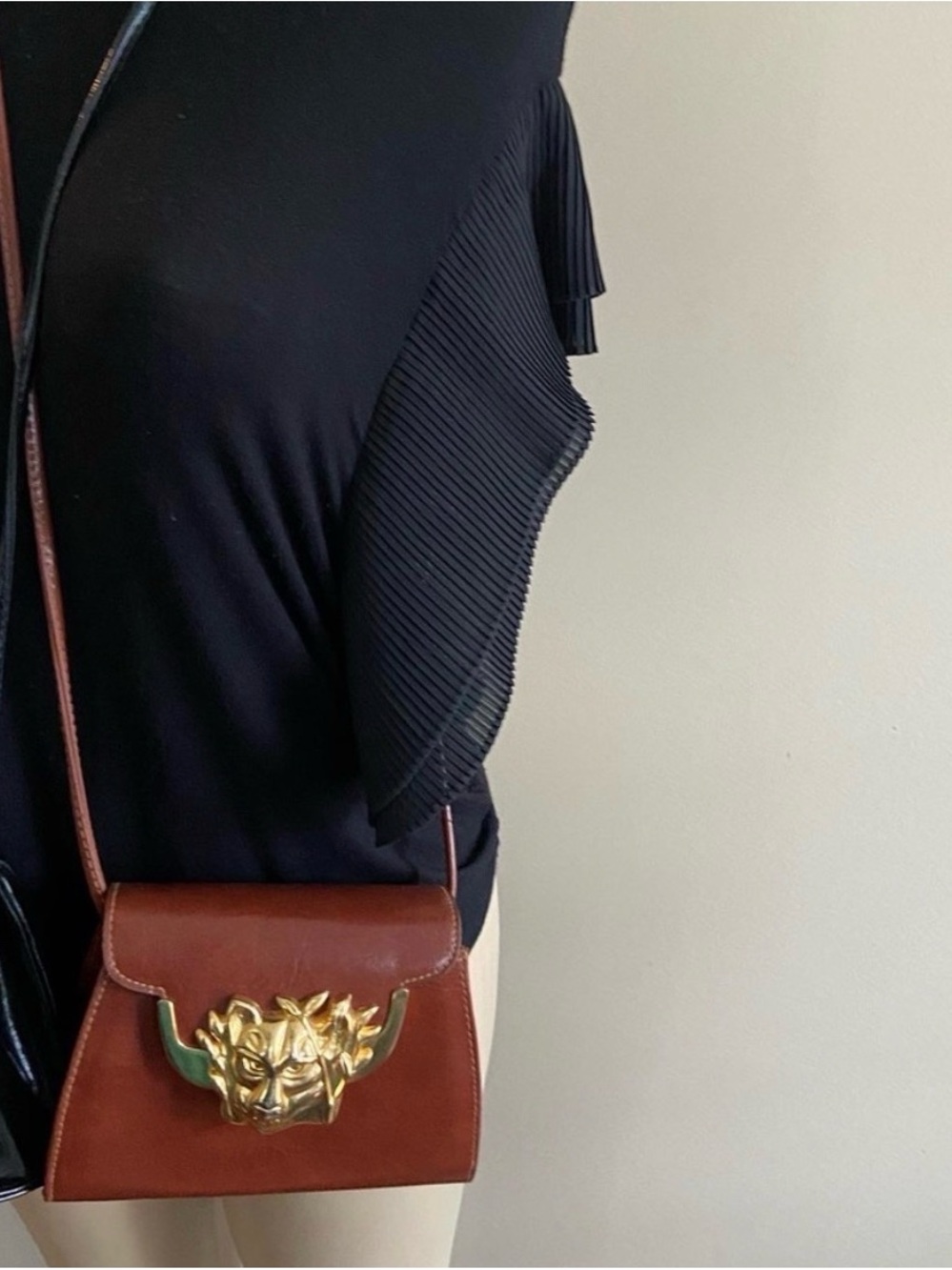 2 vintage Sasha Brown and black Leather Crossbody Bag with Gold Horned Accent
